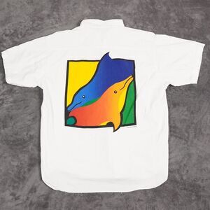VTG Peter Mussfeldt Shirt‎ Mens Large White Print Dolphins Cotton Textured